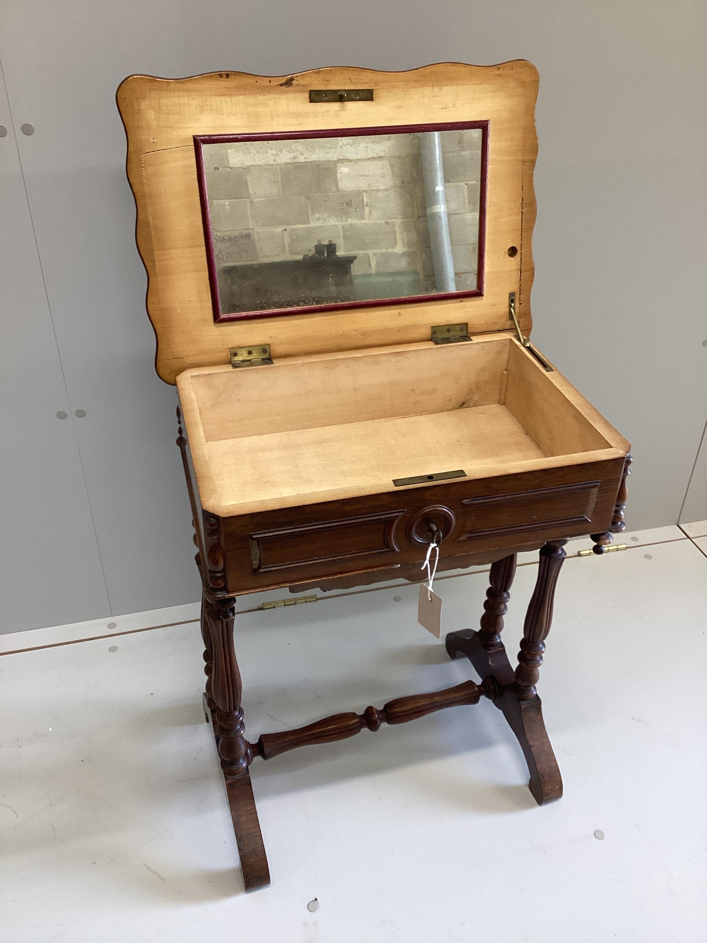 A 19th century French rosewood work table, width 54cm, depth 38cm, height 66cm